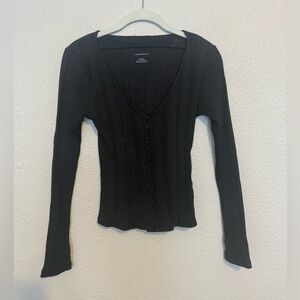 Anthropologie Black Button Down Ribbed Top